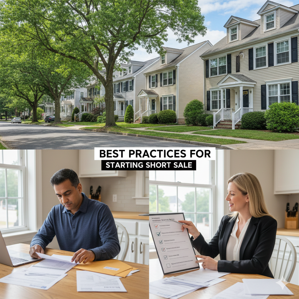 Teaneck New Jersey row of townhomes above a scene of a homeowner reviewing hardship documents with a real estate specialist who is presenting a best practices checklist for starting a short sale in North Jersey.