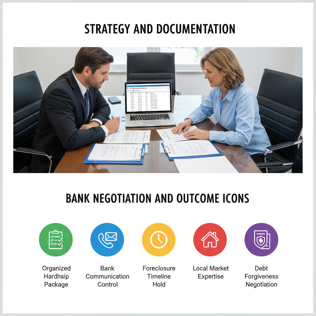 Real estate specialist and homeowner reviewing a short sale hardship package at a conference table with organized documents and a communication log on a laptop, shown above five icons illustrating key North Jersey short sale negotiation strategies including organized documentation, bank communication control, foreclosure timeline hold, local market expertise, and debt forgiveness negotiation.