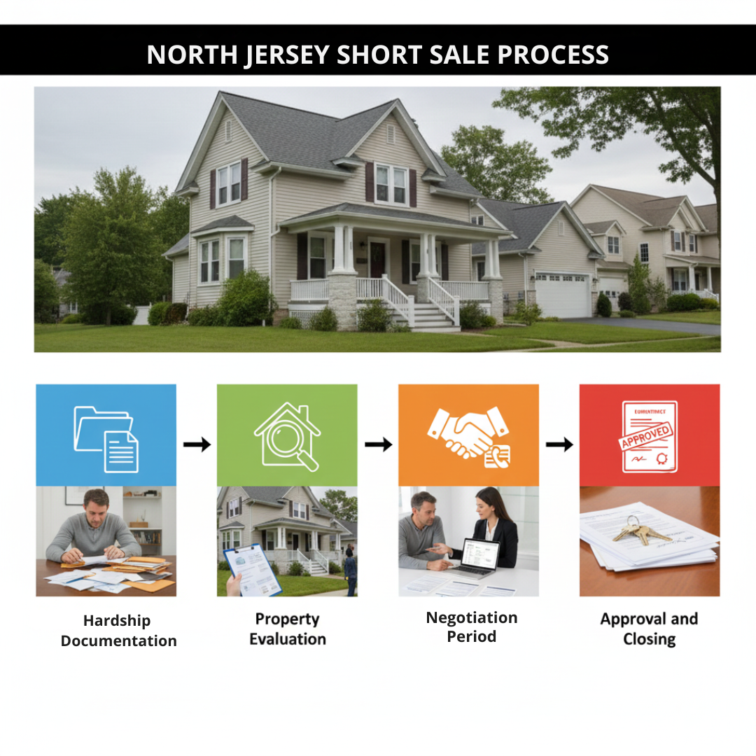 North Jersey home above a four step short sale process graphic showing hardship documentation, property evaluation, negotiation period, and approval and closing to explain how the short sale process works in North Jersey.