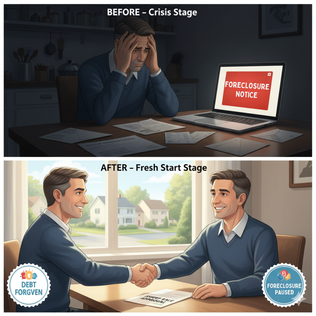 Two-panel illustration showing a Teaneck homeowner before and after a short sale. The top image shows a stressed man at his kitchen table with foreclosure notices and a laptop displaying &ldquo;Foreclosure Notice.&rdquo; The bottom image shows the same man smiling and shaking hands with a real estate specialist after completing a successful short sale, with badges showing &ldquo;Debt Forgiven&rdquo; and &ldquo;Foreclosure Paused,&rdquo; representing financial recovery through the short sale process in North Jersey.