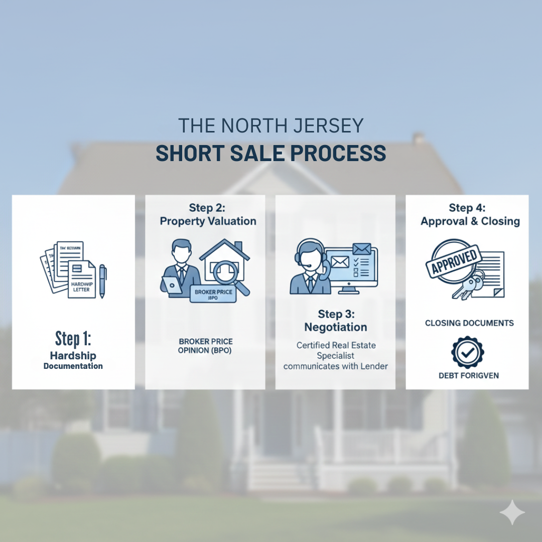 North Jersey short sale process illustrated with four steps including hardship documentation, property valuation with a Broker Price Opinion, lender negotiation by a certified specialist, and final approval with debt forgiveness, set against a faded Teaneck-style home background.