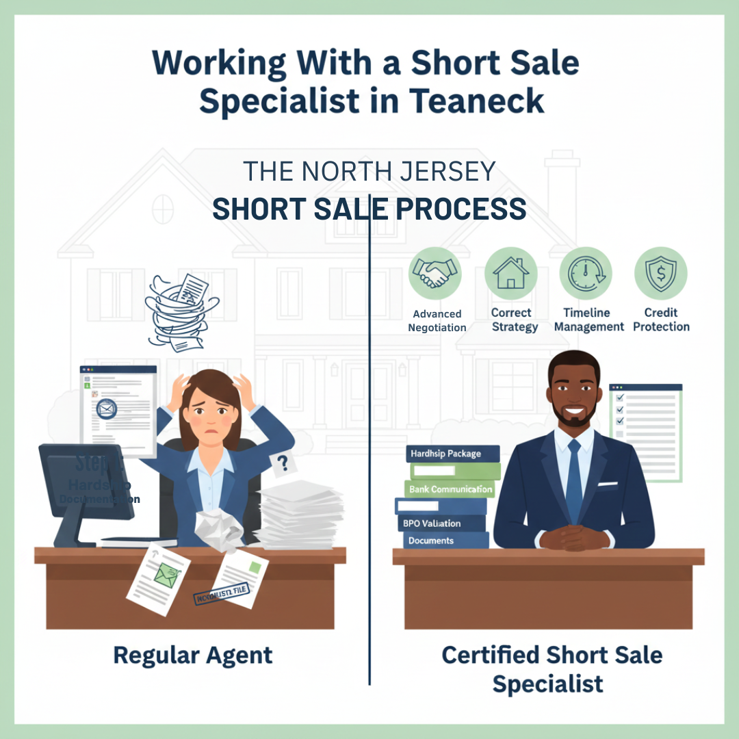 Comparison graphic showing a regular real estate agent overwhelmed by paperwork on the left and a calm Certified Short Sale Specialist on the right with organized hardship files, bank communication documents, and BPO valuation folders. Icons highlight advanced negotiation, correct pricing strategy, timeline management, and credit protection as key benefits of working with a Teaneck short sale specialist.