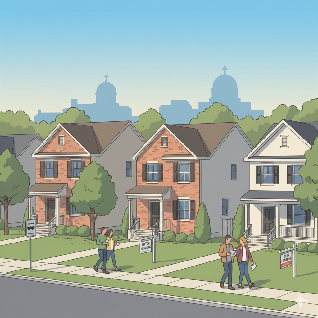 Illustration of a competitive Teaneck NJ real estate market showing move-in-ready homes on a walkable street with buyers touring properties, offer-pending signs on lawns, and houses of worship in the background.
