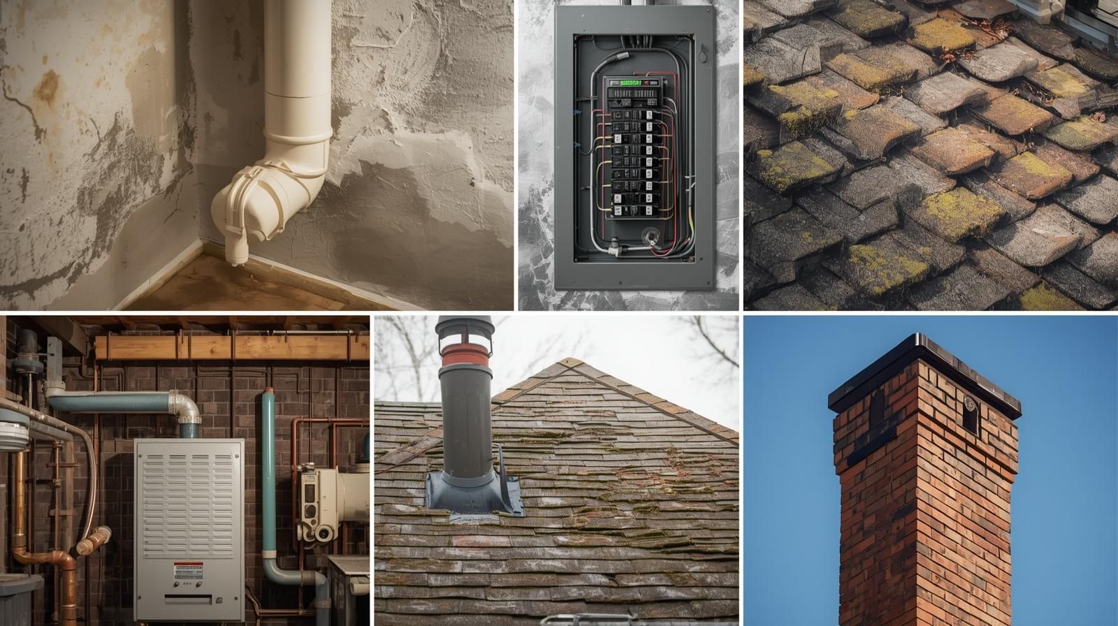 Collage showing common home inspection issues in older Teaneck NJ homes, including basement moisture on foundation walls, outdated electrical panel wiring, aging roof shingles with moss, old boiler and HVAC components, and cracked brick chimney.
