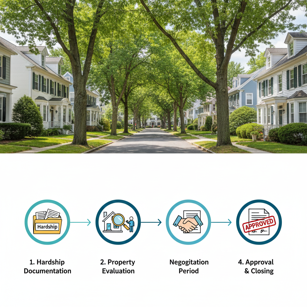 Tree lined North Jersey neighborhood street with classic colonial style homes above a four step short sale process graphic that shows hardship documentation, property evaluation, negotiation period, and approval and closing for homeowners in Teaneck and Bergen County.