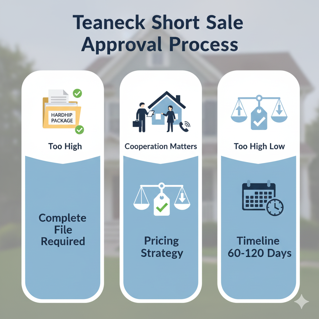 Infographic showing the Teaneck short sale approval process, including steps for complete hardship documentation, homeowner cooperation during valuation, strategic pricing, and a typical 60 to 120 day review timeline, designed for North Jersey homeowners evaluating short sale options.