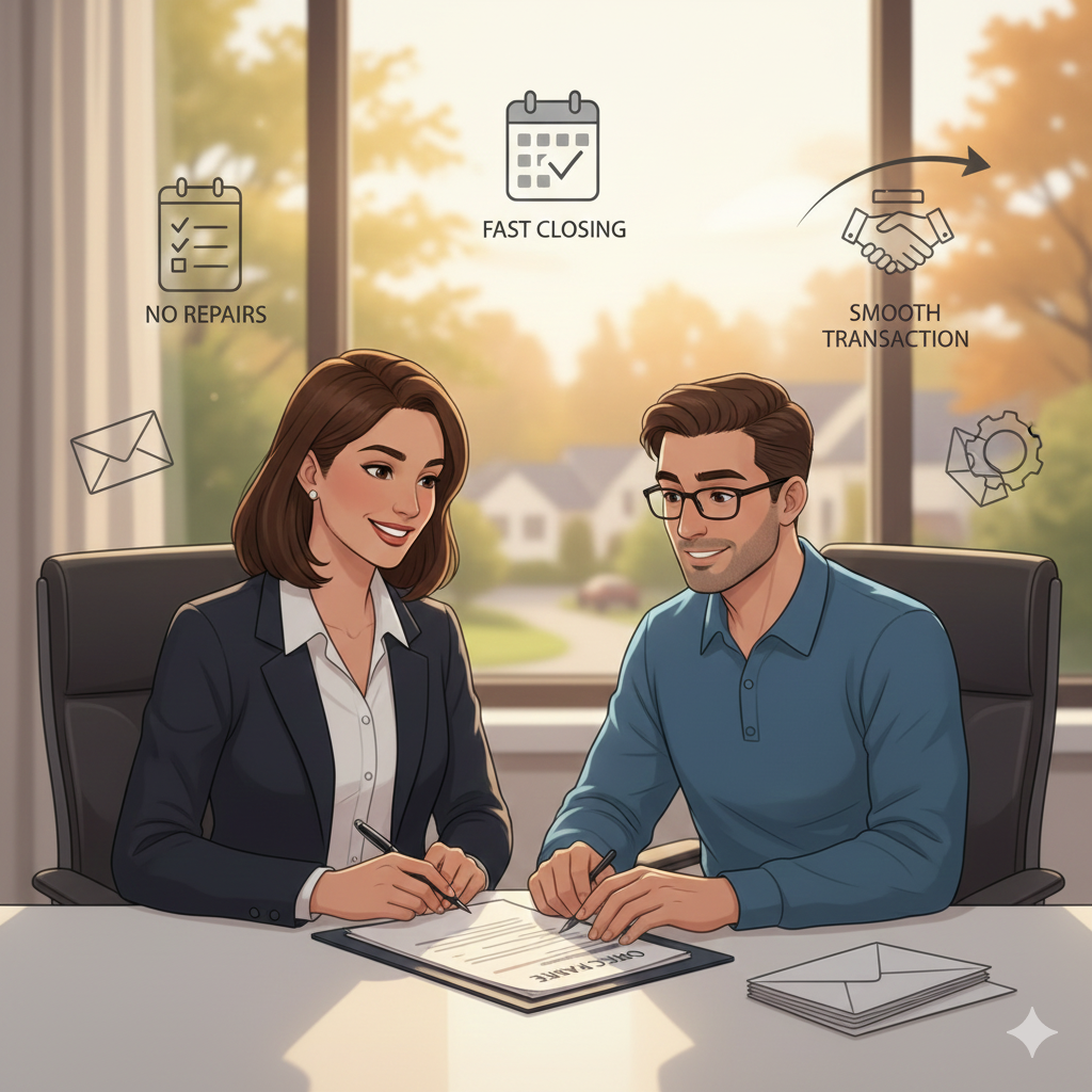 Real estate agent and homebuyer reviewing an offer package at a desk, with icons representing seller priorities such as fast closing, no repairs, and a smooth transaction, illustrating how to win competitive offers in Teaneck NJ.