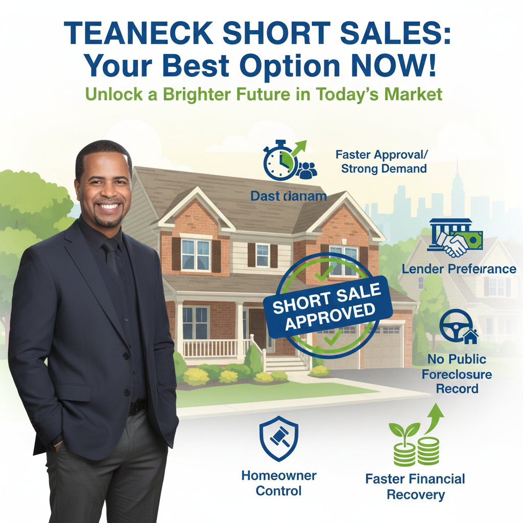 Illustration promoting short sales in Teaneck as the best option, featuring a smiling homeowner standing in front of a North Jersey style home with a &ldquo;Short Sale Approved&rdquo; badge and icons highlighting key advantages including faster approval from strong buyer demand, lender preference, no public foreclosure record, homeowner control, and faster financial recovery.