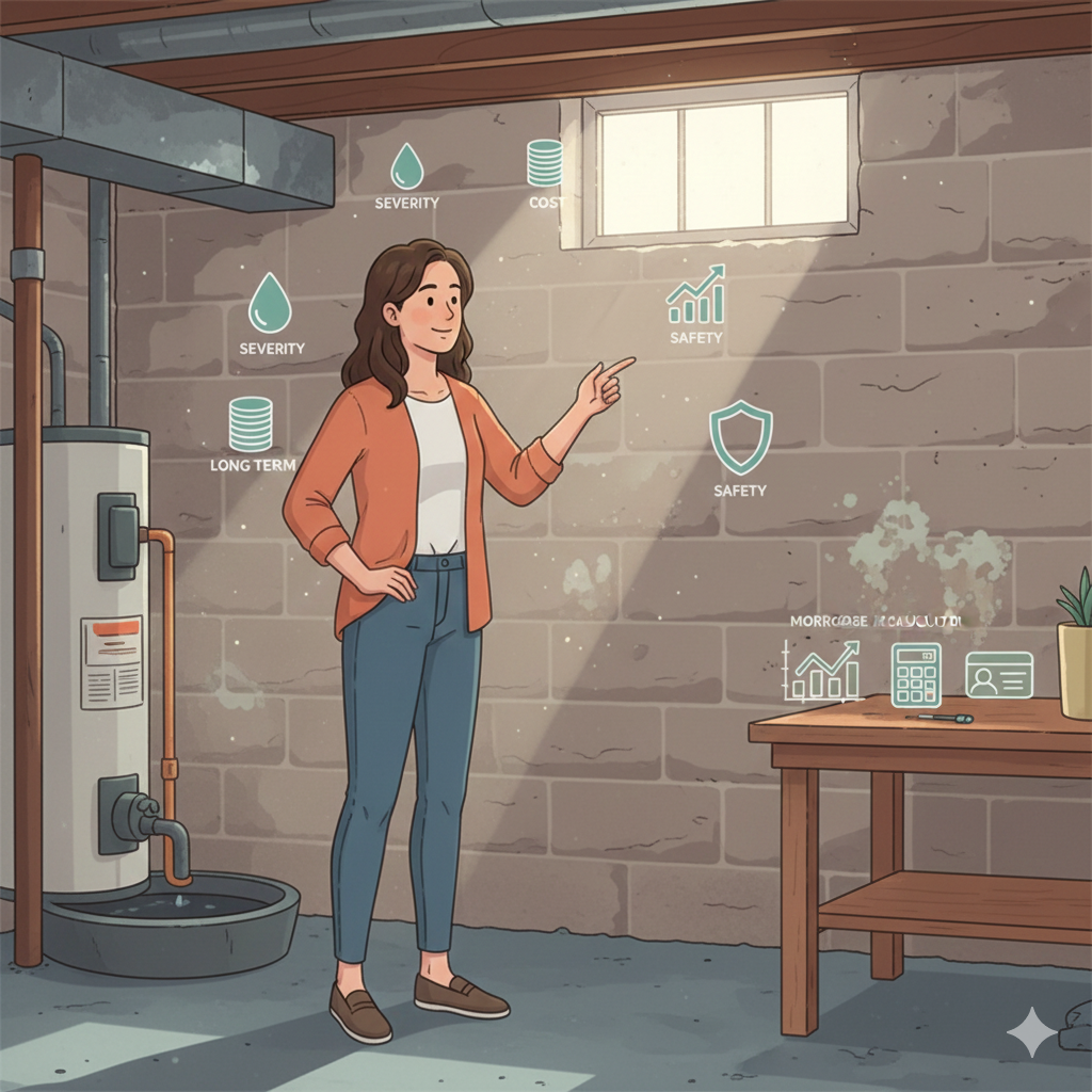 Illustration of a home buyer evaluating basement moisture during a Teaneck home inspection, pointing to icons showing severity, cost, safety, and long term impact, with tools like a mortgage calculator and market trends displayed on a table in a North Jersey style basement.