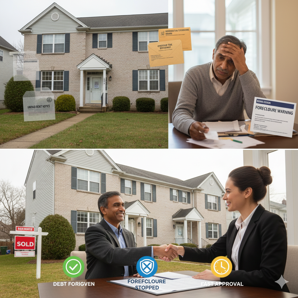 Teaneck multifamily home with unpaid rent and tax notices, a stressed landlord reviewing foreclosure warning paperwork, and a final scene of the homeowner shaking hands with a real estate specialist after completing a short sale with debt forgiven, foreclosure stopped, and fast approval in North Jersey.