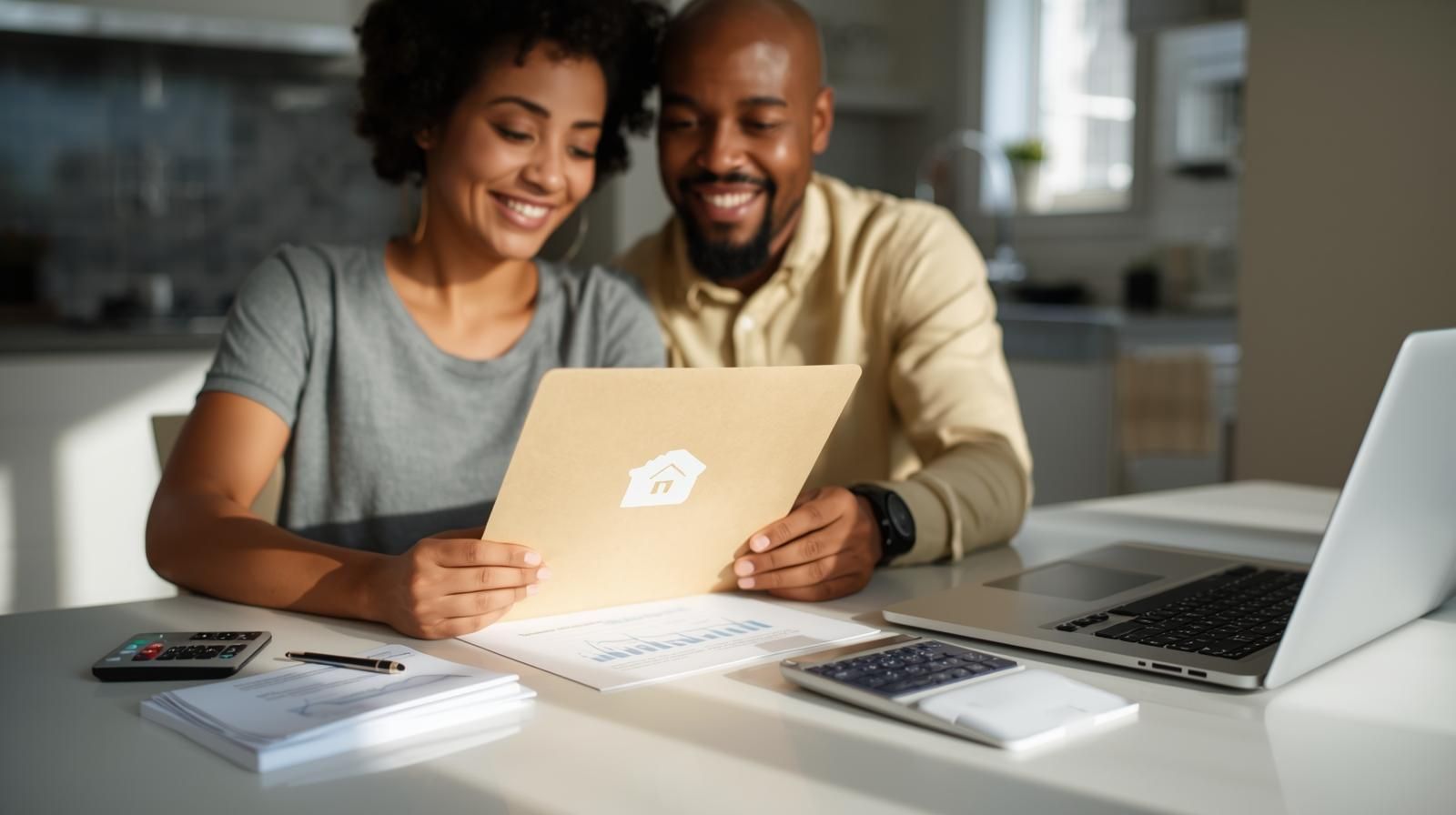 Smiling couple reviewing a financial assistance folder at a kitchen table with charts, calculator, and laptop, representing down payment assistance programs for first time home buyers in New Jersey.