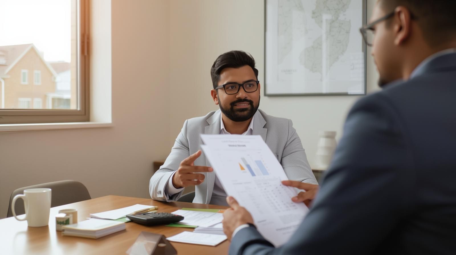 Local mortgage lender meeting with a first time home buyer in a North Jersey office, reviewing charts and loan documents with a map of New Jersey on the wall and Teaneck style homes visible through the window.
