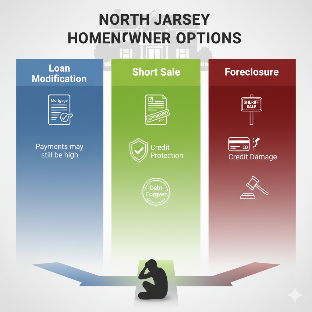Infographic comparing North Jersey homeowner options with three columns showing loan modification, short sale, and foreclosure. Loan modification notes that payments may still be high, short sale highlights credit protection and debt forgiven, and foreclosure shows credit damage and a sheriff sale sign. A stressed homeowner silhouette sits at a crossroads below the three paths.