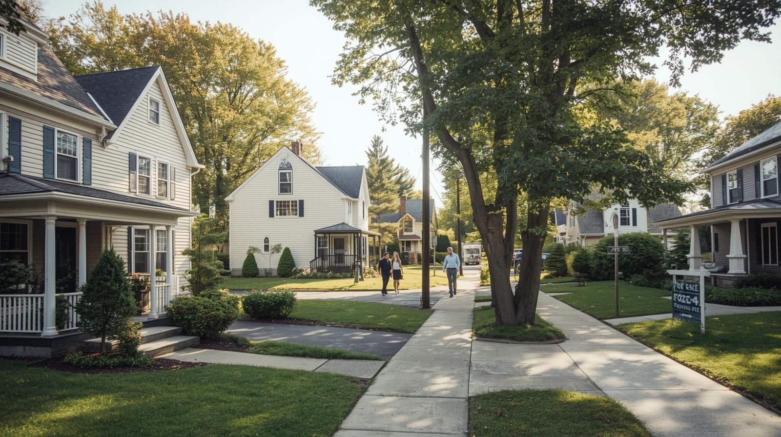 Tree lined residential street in Teaneck NJ with Colonial and Cape Cod style homes, a For Sale sign, and buyers touring homes. Visual representation of market insights for first time home buyers comparing pricing and neighborhood differences.