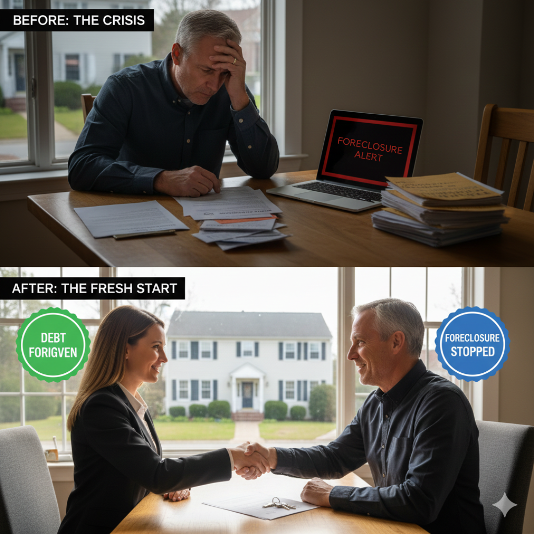 Before and after case study image showing a Teaneck homeowner stressed over foreclosure notices and loan modification paperwork in the crisis stage, followed by a successful resolution scene where he shakes hands with a real estate specialist after completing a short sale with debt forgiven and foreclosure stopped.