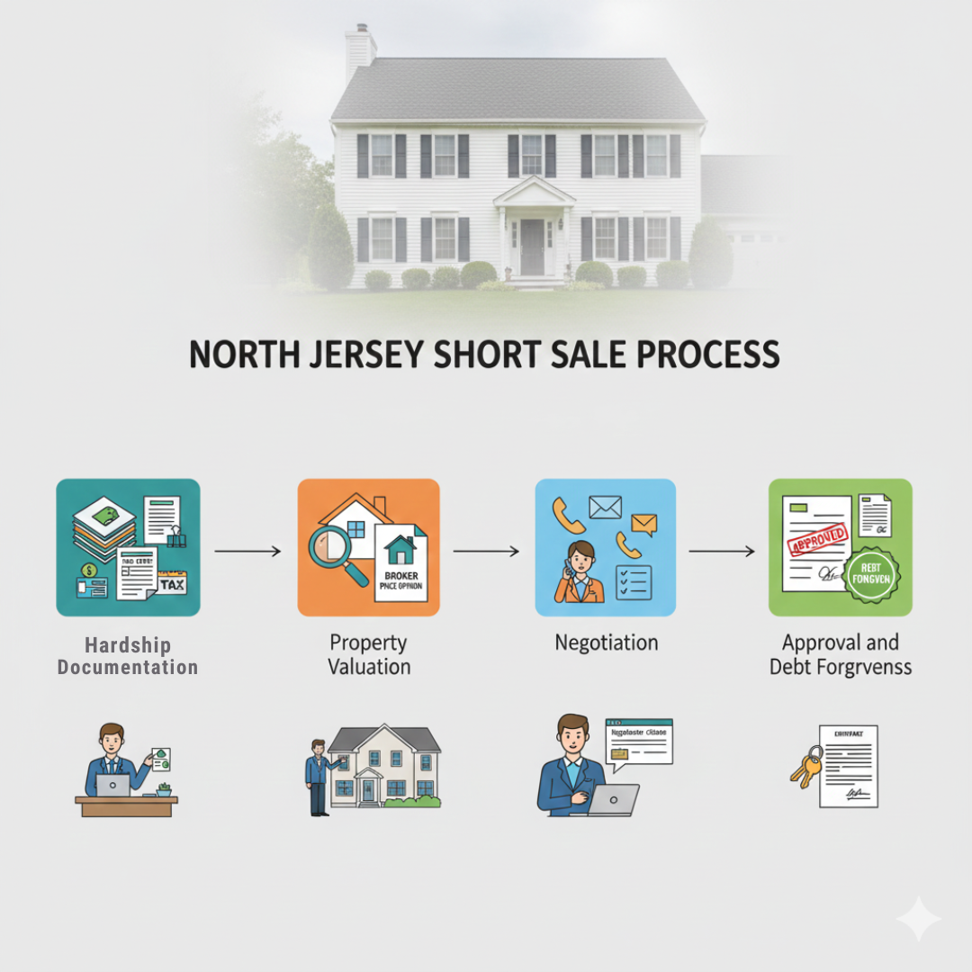 Infographic showing the North Jersey short sale process with four steps including hardship documentation, property valuation through a Broker Price Opinion, lender negotiation, and final approval with debt forgiveness, displayed beneath a North Jersey style home.