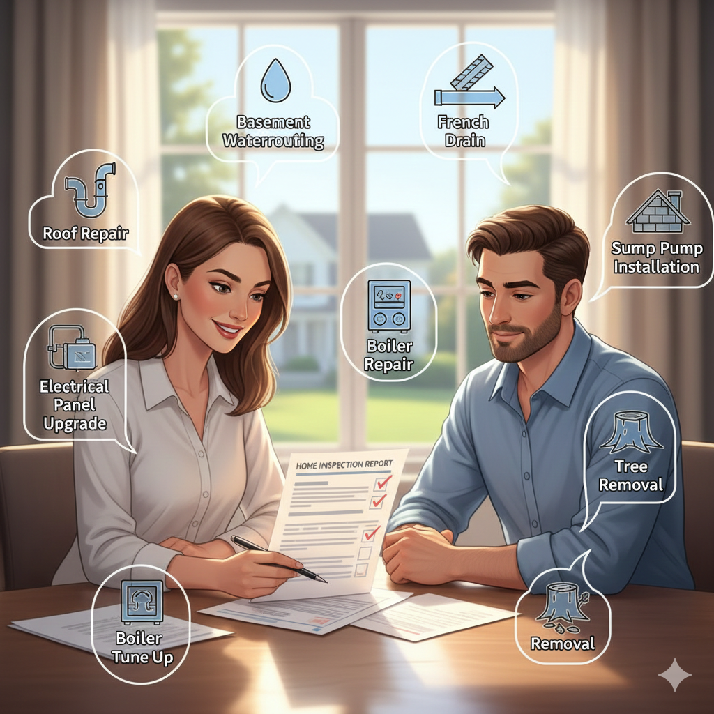 Illustration of a realtor and home buyer reviewing a home inspection report with icons showing common repair negotiation items in Teaneck, including basement waterproofing, French drain installation, sump pump installation, roof repair, electrical panel upgrade, boiler repair and tune up, chimney issues, and tree removal.