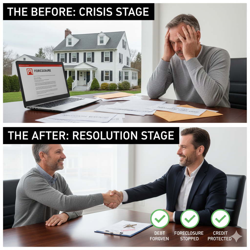 Before and after short sale case study showing a Teaneck homeowner stressed over foreclosure notices in the crisis stage, followed by a successful resolution stage where he shakes hands with a real estate specialist after achieving debt forgiveness, foreclosure stopped, and credit protected through the short sale process in North Jersey.