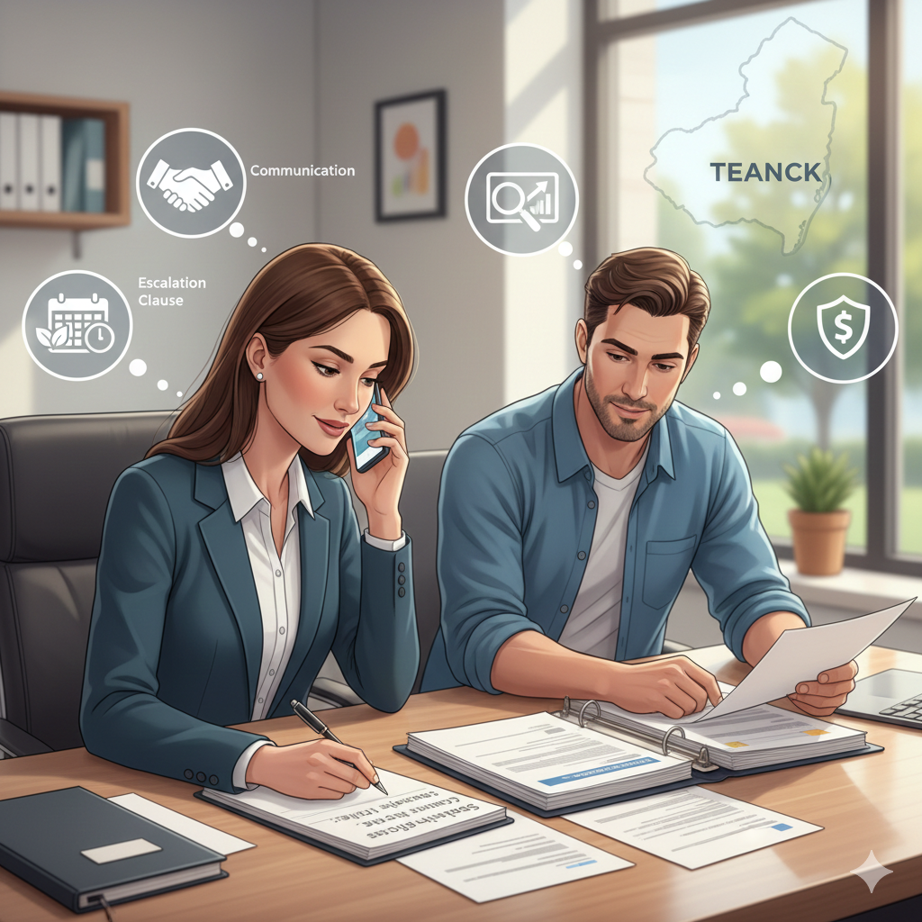 Real estate agent and homebuyer reviewing offer documents in a modern office, highlighting communication, escalation clause strategy, and competitive offer planning for Teaneck NJ homes.