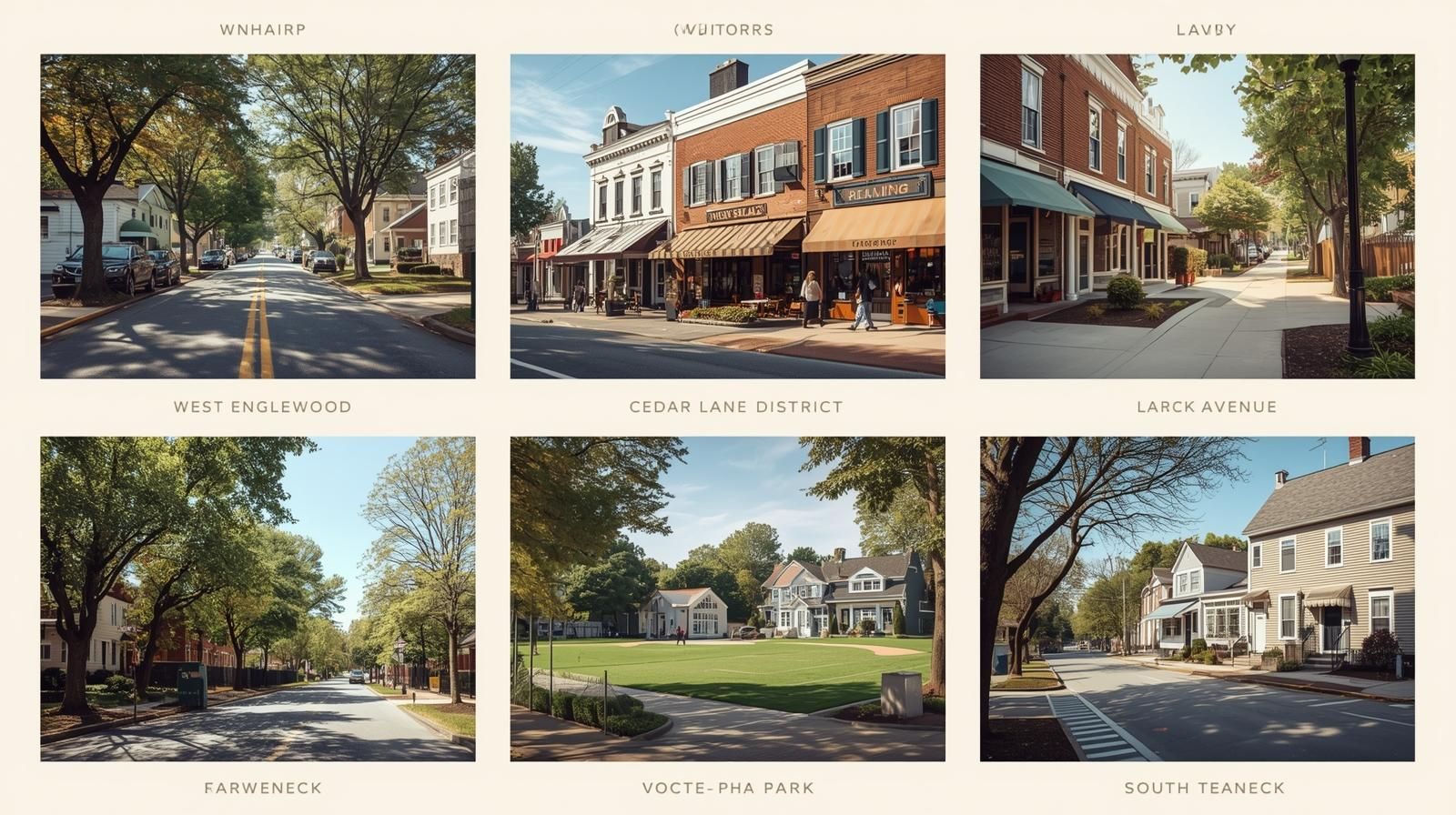 Collage of six Teaneck NJ neighborhoods showing West Englewood, Cedar Lane District, Larck Avenue, Farweneck, Votee Park area, and South Teaneck with tree lined streets, walkable shops, and suburban homes. Visual guide for understanding Teaneck neighborhoods for first time home buyers.