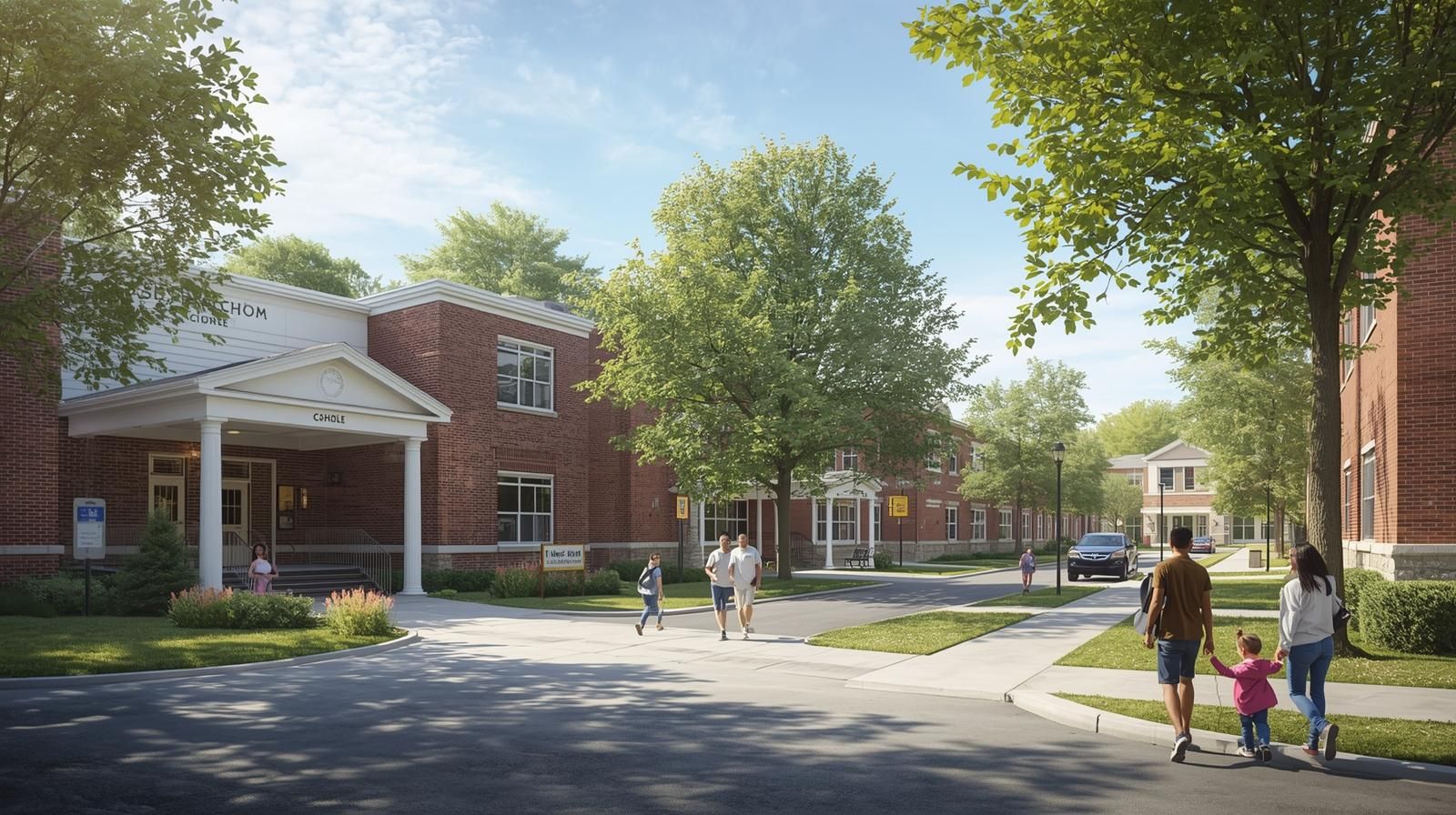 Families walking near a clean, tree lined school campus in Teaneck NJ with brick buildings, sidewalks, and a welcoming suburban environment. Visual guide showing the type of schools that attract first time home buyers to Teaneck.