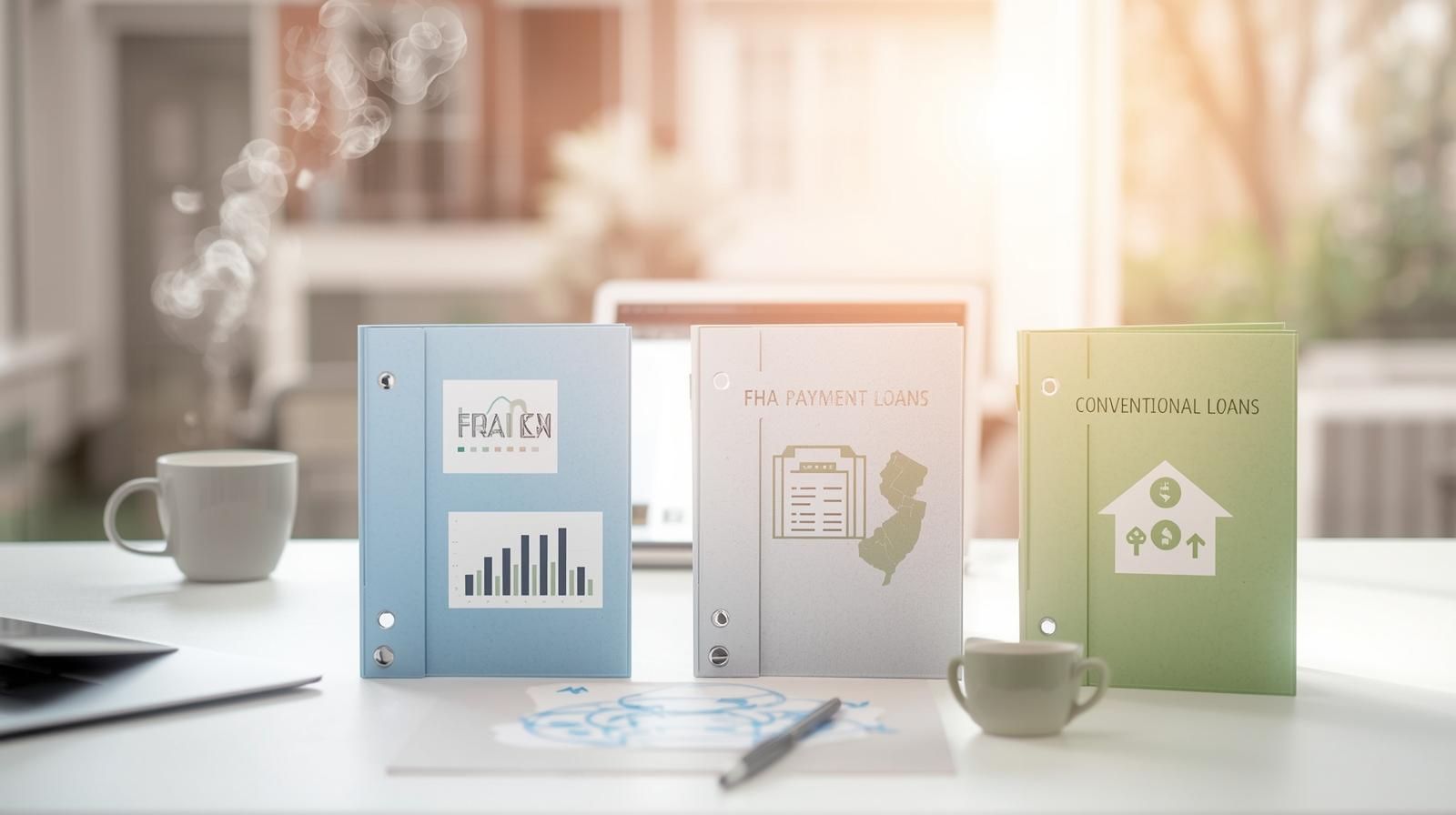 Three organized binders on a bright desk representing mortgage options for Teaneck home buyers, including FHA loans, New Jersey first time buyer programs, and conventional loans, with charts and symbols in a clean modern setting.