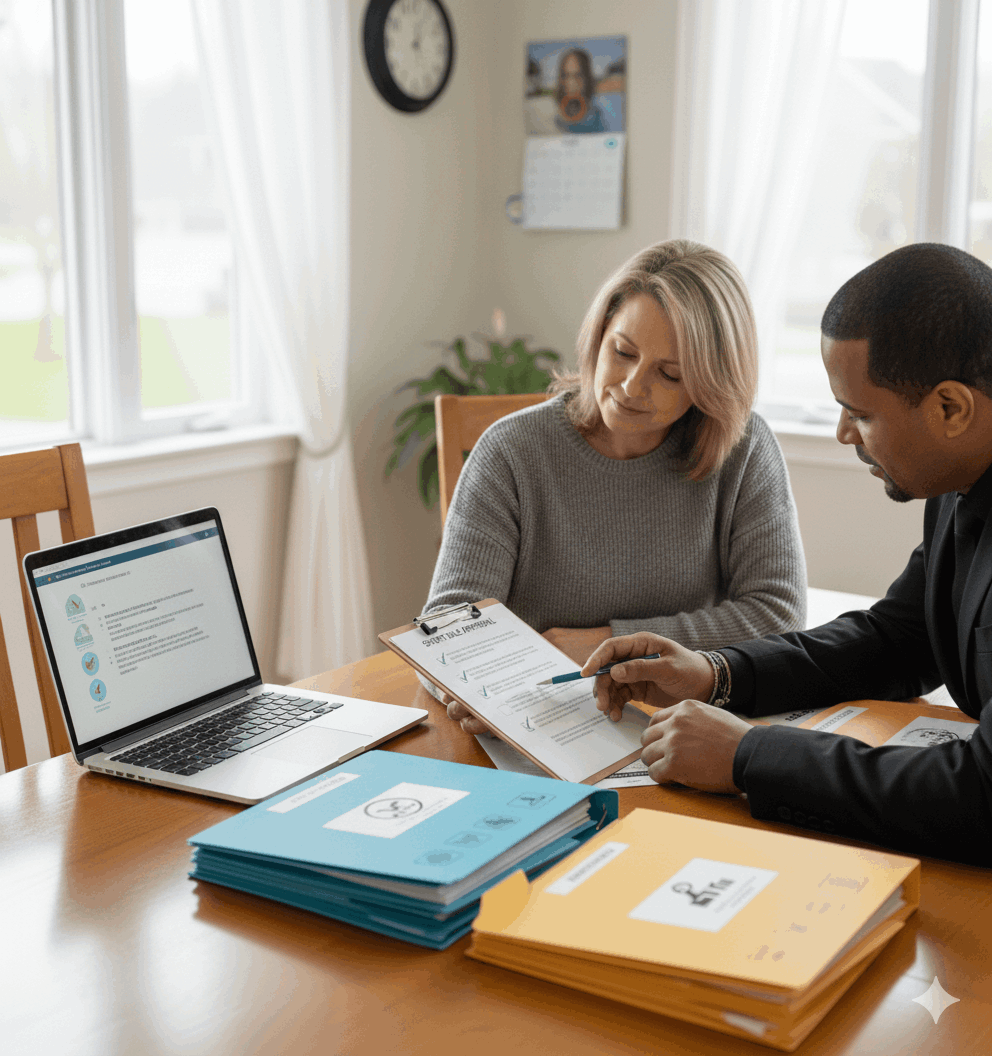 Homeowner reviewing short sale approval terms and checklist with a real estate professional, focusing on negotiating lender terms, deadlines, and avoiding costly short sale mistakes in South Hackensack NJ.