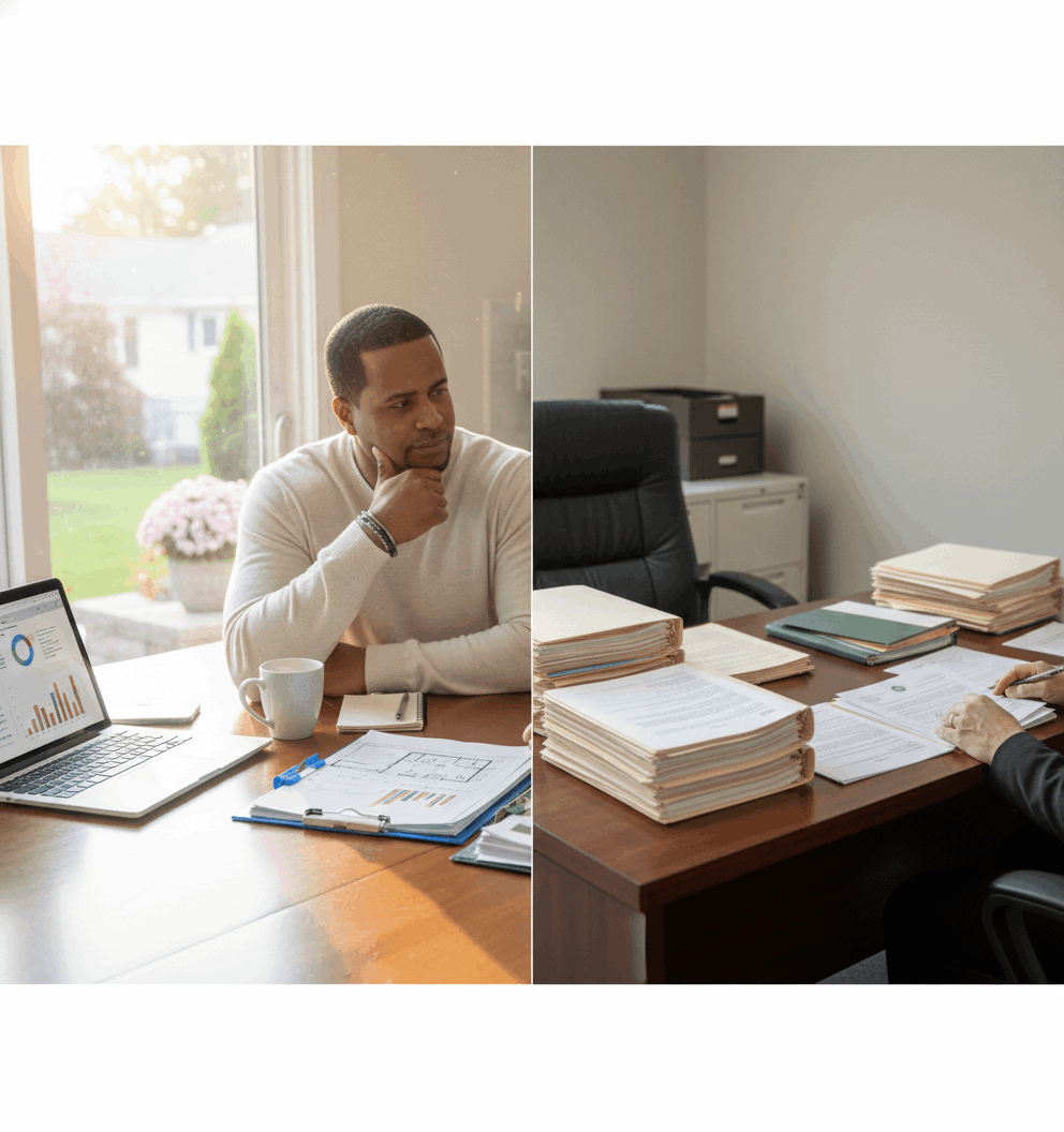 Side-by-side comparison showing a homeowner actively reviewing options with documents and charts during a short sale versus a lender-controlled office setting with stacked paperwork representing foreclosure in New Jersey.
