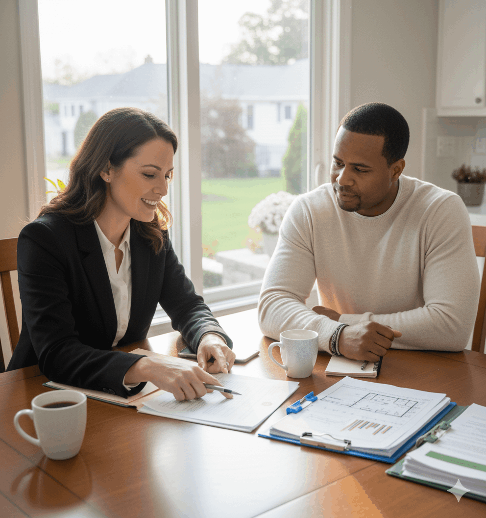 Homeowner reviewing options with a real estate professional to choose the best path forward between short sale and foreclosure in New Jersey, focusing on planning, credit goals, and next steps.