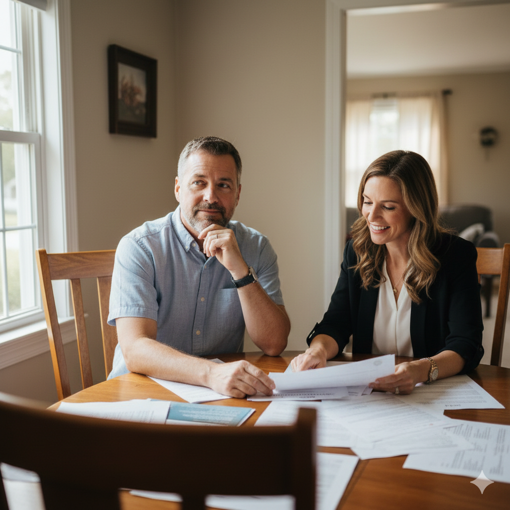 Homeowner reviewing short sale paperwork with a real estate professional at a dining table in South Hackensack NJ, illustrating the short sale process in New Jersey and foreclosure avoidance guidance