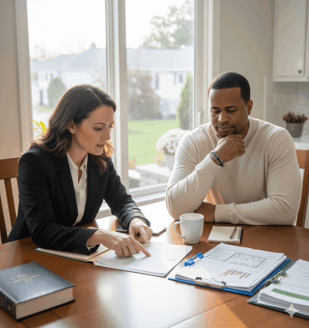 Real estate professional reviewing lender approval language with a homeowner, explaining New Jersey deficiency judgment rules and how short sale approval terms can affect remaining mortgage balance.