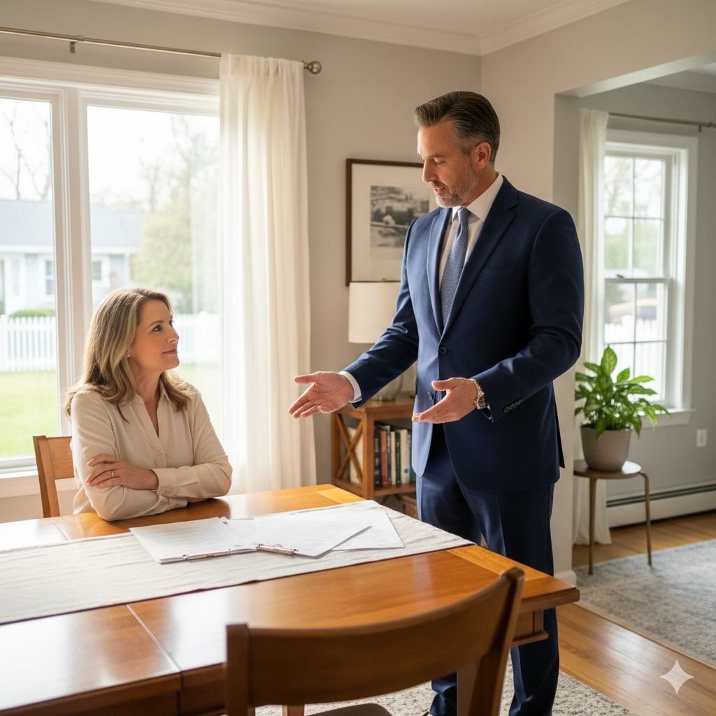 Experienced real estate professional advising a homeowner on short sale strategy inside a South Hackensack NJ home, showing the importance of local expertise and foreclosure help in Bergen County.