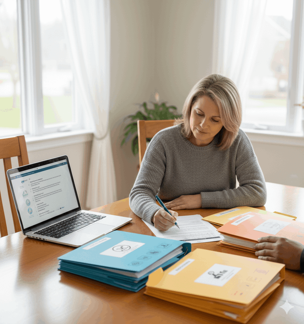 Homeowner writing a hardship letter for a short sale while reviewing organized financial documents with a real estate professional, illustrating the hardship letter process for short sale approval in New Jersey.
