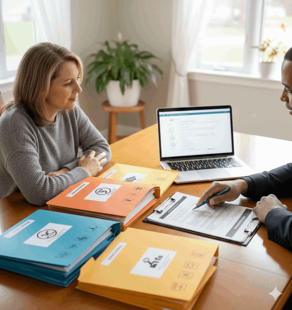 Homeowner reviewing organized short sale documents with a real estate professional, illustrating the multi-step short sale approval process and bank review stages in South Hackensack NJ.