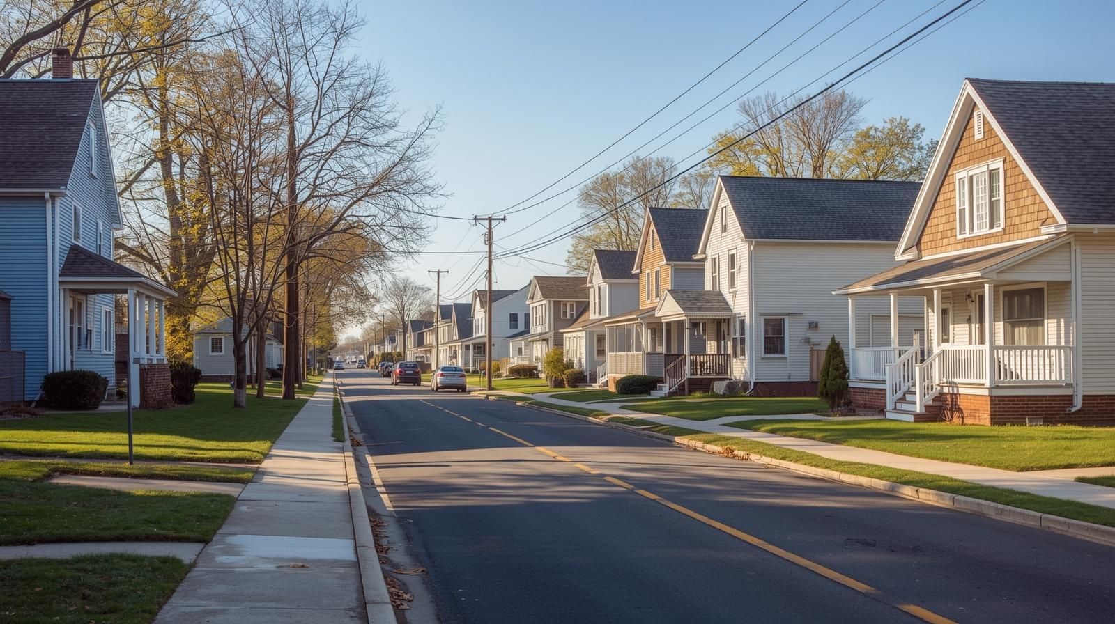 Quiet residential street in South Hackensack, NJ featuring one- and two-family homes with traditional Bergen County architecture, tree-lined sidewalks, and a calm suburban setting ideal for buying a home near NYC.