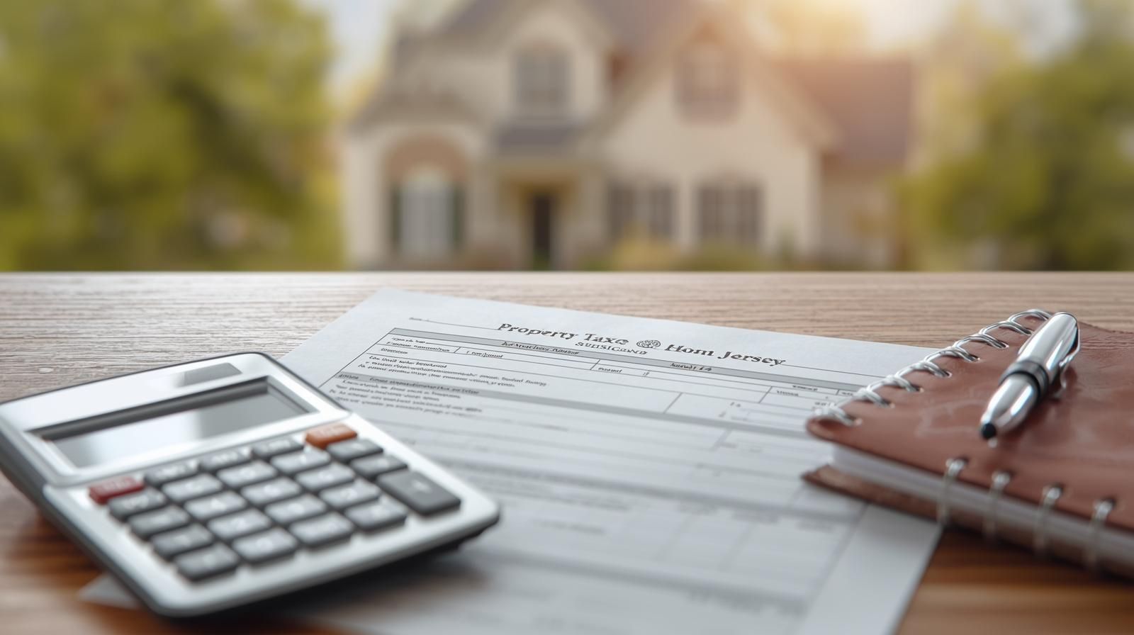 Bergen County property tax planning setup showing a calculator, New Jersey property tax document, and notebook on a table with a suburban home in the background, highlighting how taxes impact home financing and monthly affordability.