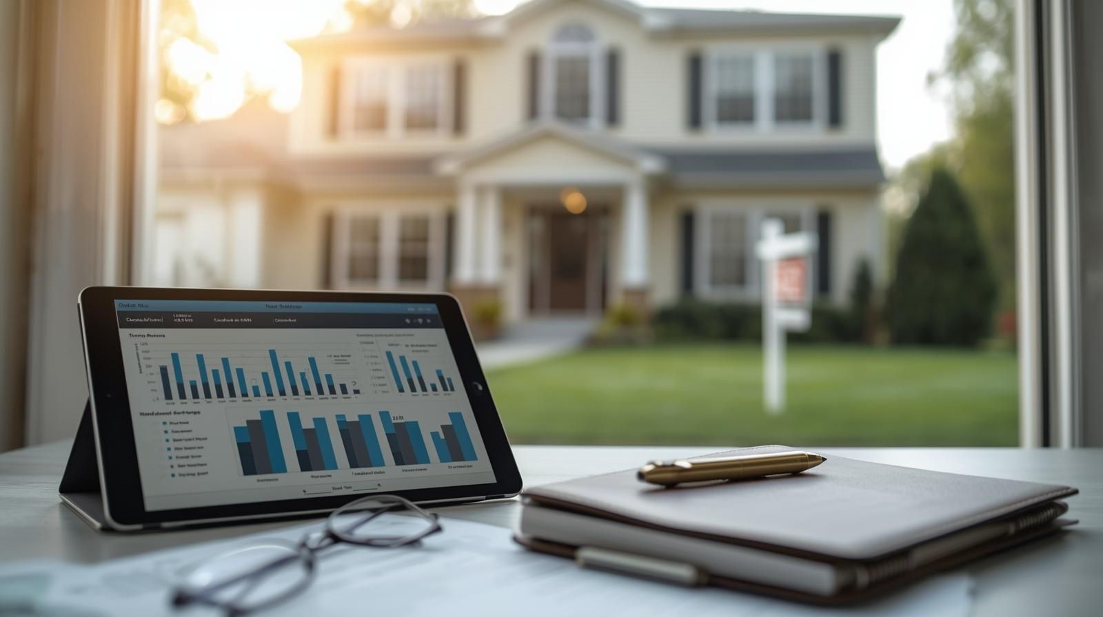 Prepared home buyer reviewing offer details on a tablet with paperwork in the foreground and a Bergen County suburban home in the background, representing making a strong, well-planned offer in a competitive local market.