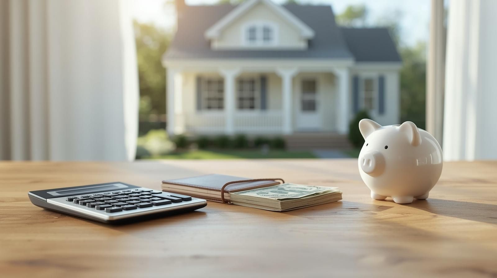 Down payment assistance concept in Bergen County, NJ showing a piggy bank, calculator, and savings on a table with a suburban home in the background, representing affordable paths to homeownership.