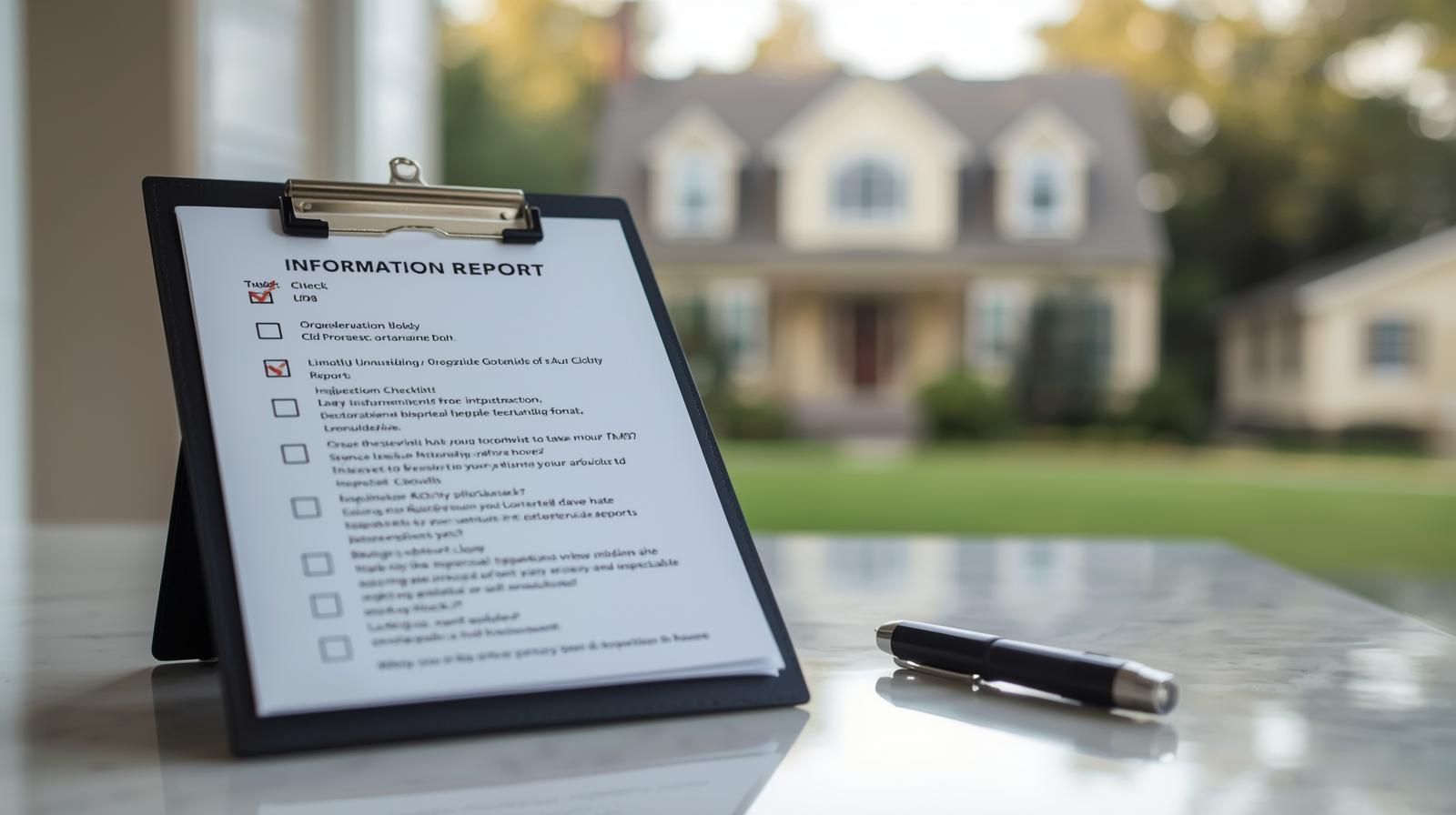 Home inspection checklist on a clipboard with checkboxes visible and a suburban New Jersey home in the background, illustrating how buyers review inspection reports and major systems before purchasing a home in Bergen County.
