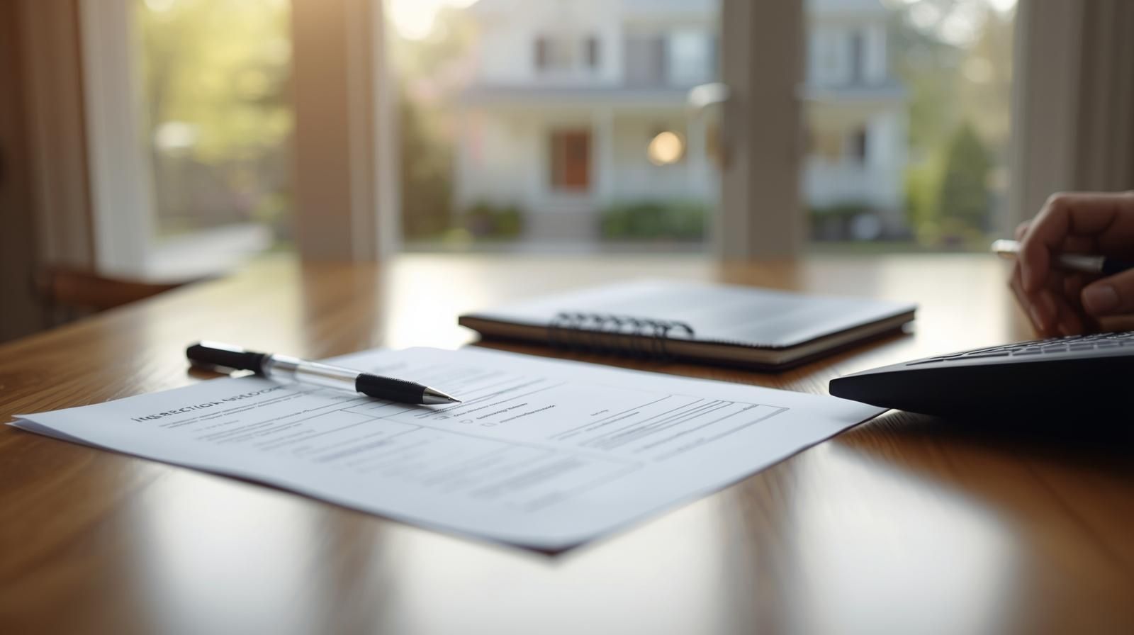 Inspection report and paperwork on a table with a calculator and notebook, representing buyers reviewing and negotiating repair credits after a home inspection before closing on a Bergen County home.