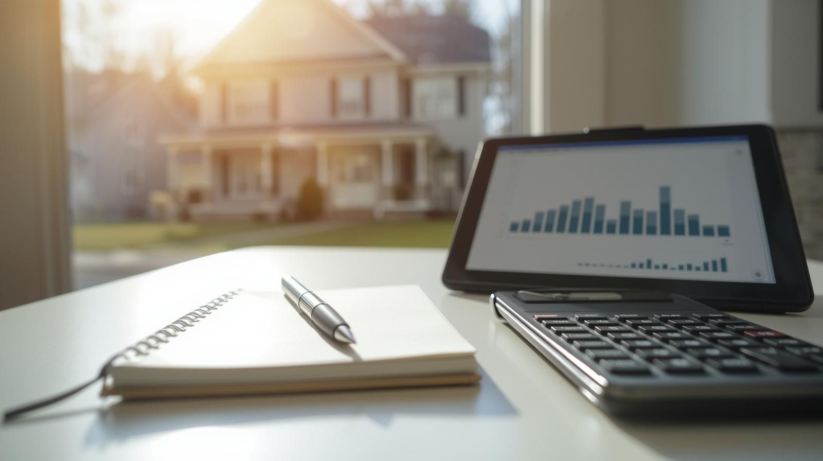 First-time home buyer financing setup in New Jersey showing a notebook, calculator, and tablet on a desk with a suburban home in the background, representing preparation and guidance for affordable homeownership.