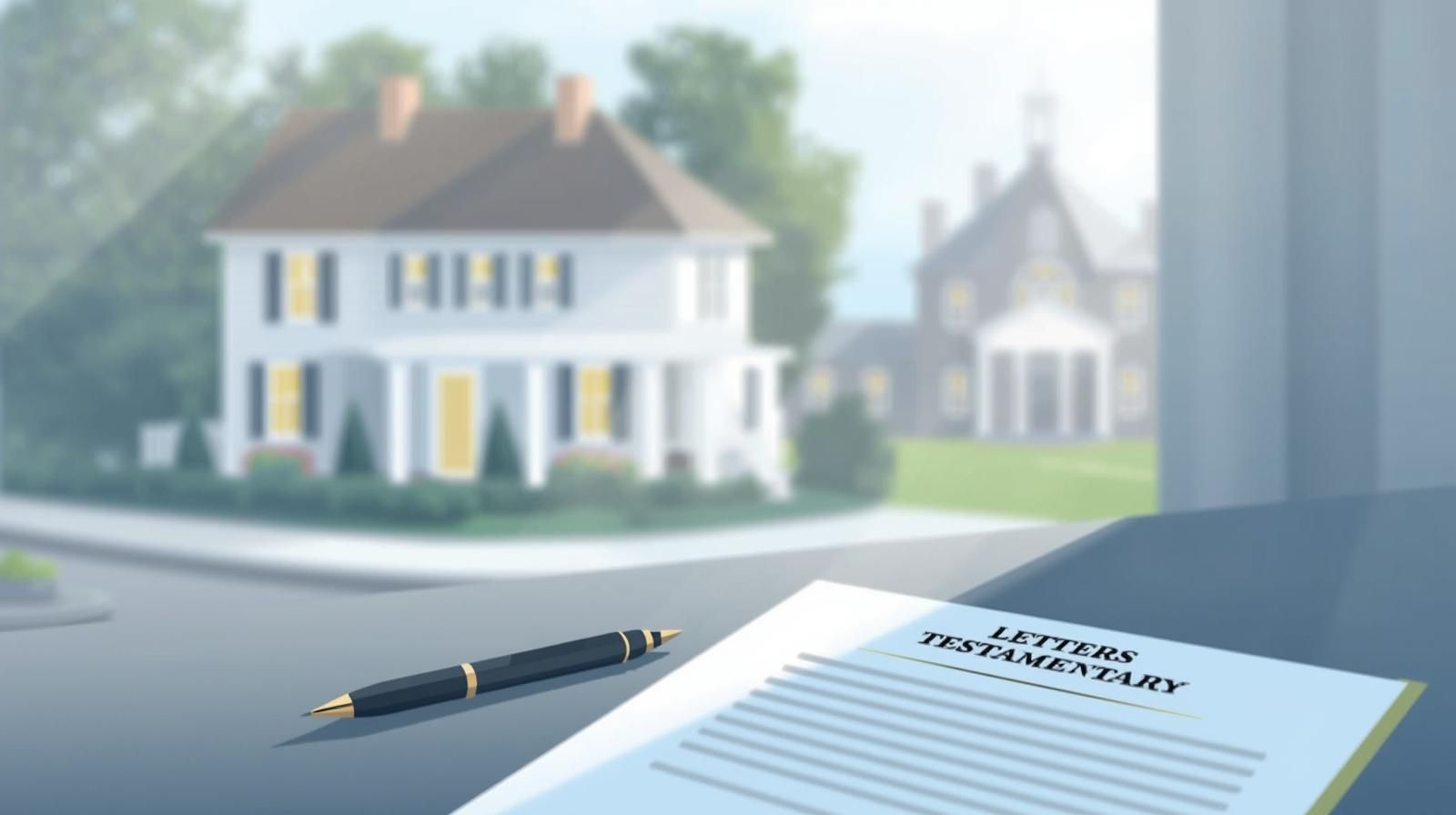 Illustration of a North Jersey Colonial style home with a blurred courthouse in the background and a Letters Testamentary document on a desk, representing the probate real estate sale process in New Jersey.