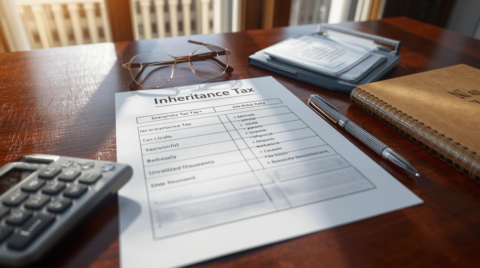 Ultra realistic photo of an inheritance tax document on a wooden desk with reading glasses, a calculator, a pen, and estate paperwork, illustrating New Jersey inheritance tax considerations for heirs and executors.