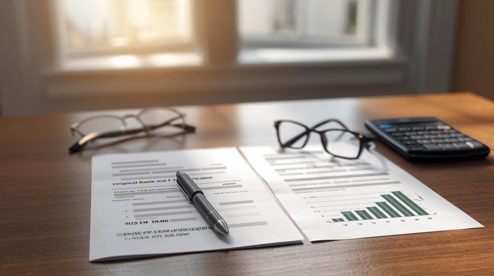 Ultra realistic photo of financial documents on a wooden desk showing original property basis and stepped up valuation, with a pen, eyeglasses, and calculator, illustrating how the stepped up basis reduces taxable gain when selling an inherited home.