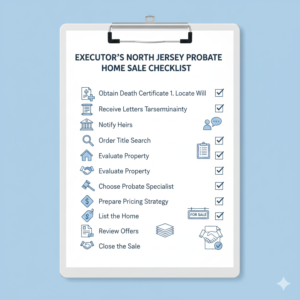 Illustration of an executor&rsquo;s North Jersey probate home sale checklist on a clipboard, showing tasks such as obtaining the death certificate, locating the will, receiving Letters Testamentary, notifying heirs, ordering a title search, evaluating the property, choosing a probate specialist, preparing pricing, listing the home, reviewing offers, and closing the sale.