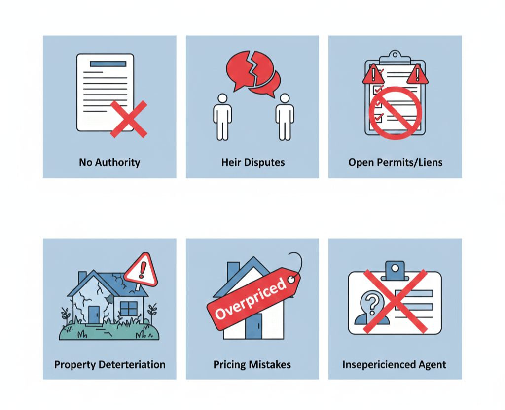 Illustration of common mistakes that delay probate home sales in New Jersey, including lack of executor authority, heir disputes, open permits or liens, property deterioration, pricing mistakes, and hiring an inexperienced agent.
