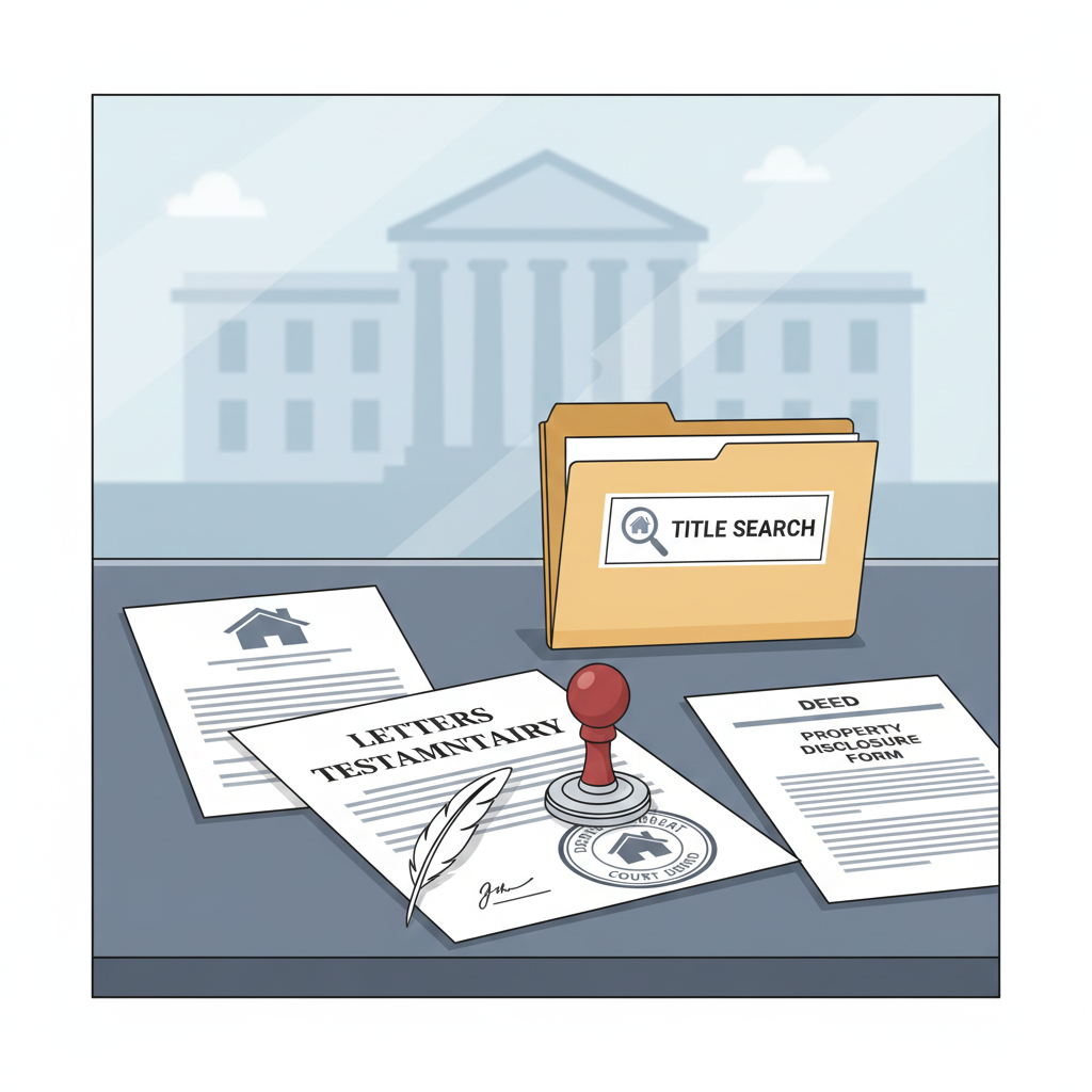 Illustration showing legal documents required for selling an inherited home in North Jersey, including Letters Testamentary, a title search folder, a deed, and a property disclosure form, with a courthouse silhouette in the background.