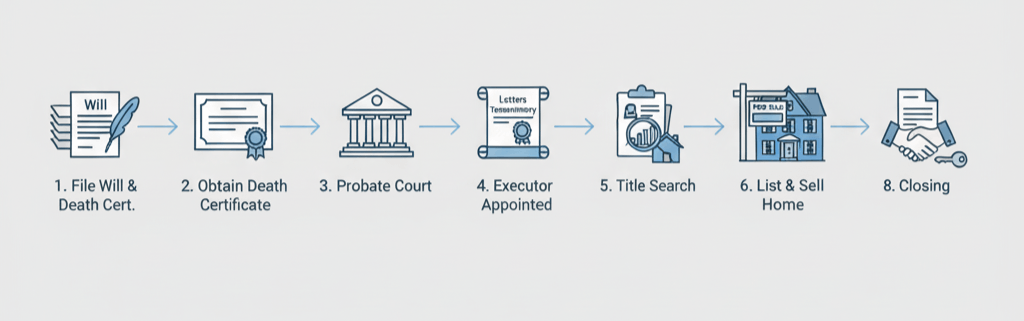 Illustrated step by step New Jersey probate timeline showing icons for filing the will, obtaining a death certificate, probate court, executor appointment, title search, listing and selling the home, and closing.