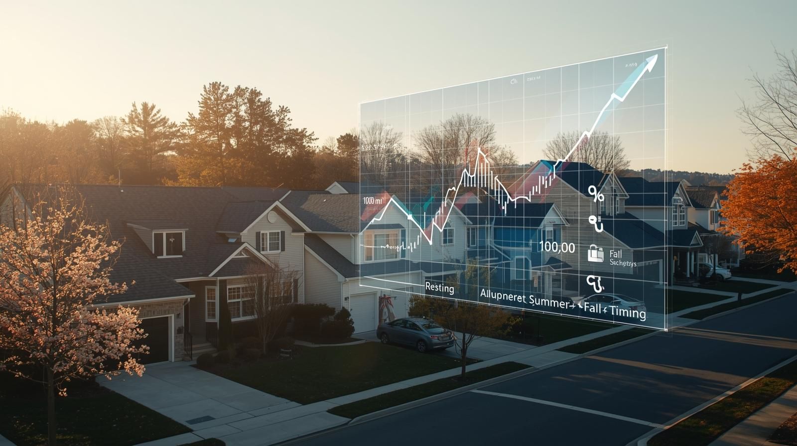 Ultra realistic aerial view of a Teaneck style suburban neighborhood with a digital real estate market timing graph overlay showing rising buyer activity and seasonal trends.