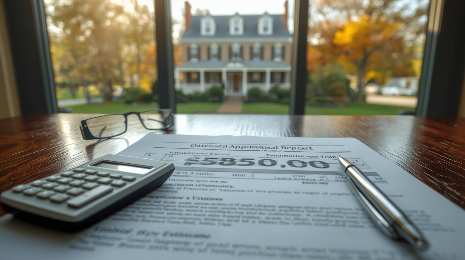 Ultra realistic photo showing a date of death appraisal report with a blurred valuation around 585,000, a calculator, pen, and glasses on a wooden table, with a classic Teaneck style home visible through the window, illustrating how accurate valuation helps families avoid major tax mistakes when selling an inherited property.